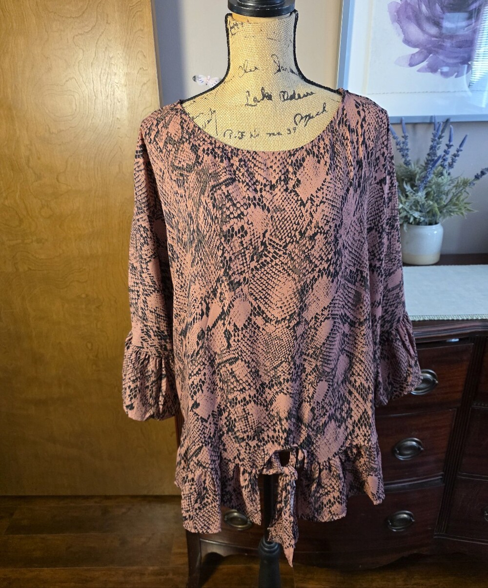 ODDY Pink Snake-Print Ruffle Hem Tunic Top w/Tie In Front
